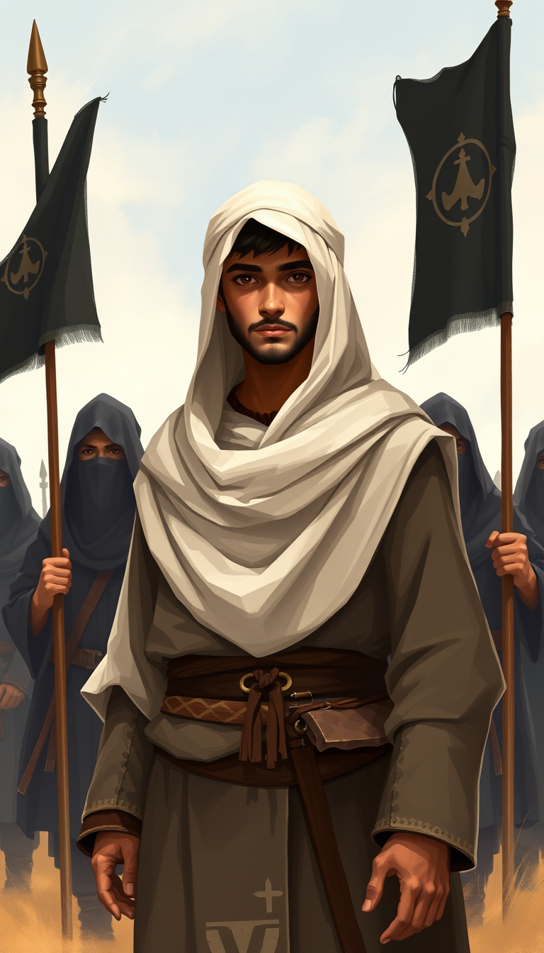 Digital illustration of a young Muslim commander wearing modest biblical cloak-turban clothing, standing behind great Muslim warriors with a leadership expression. The medieval Muslim warriors are covered with veils, holding black banners, and guarding him in open land. Soft shading, 2D style textures, airbrush shader.