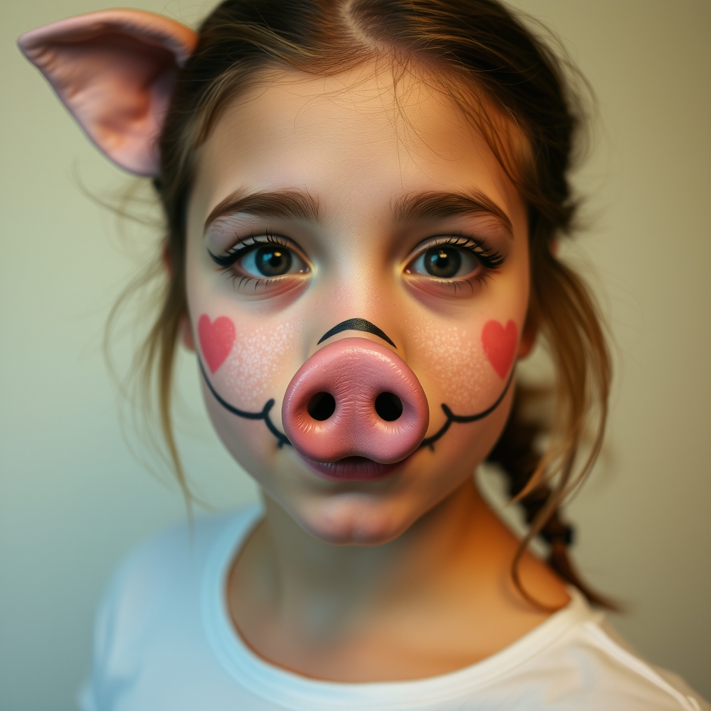 A pretty girl with pig face makeup and a pig's nose. - Image