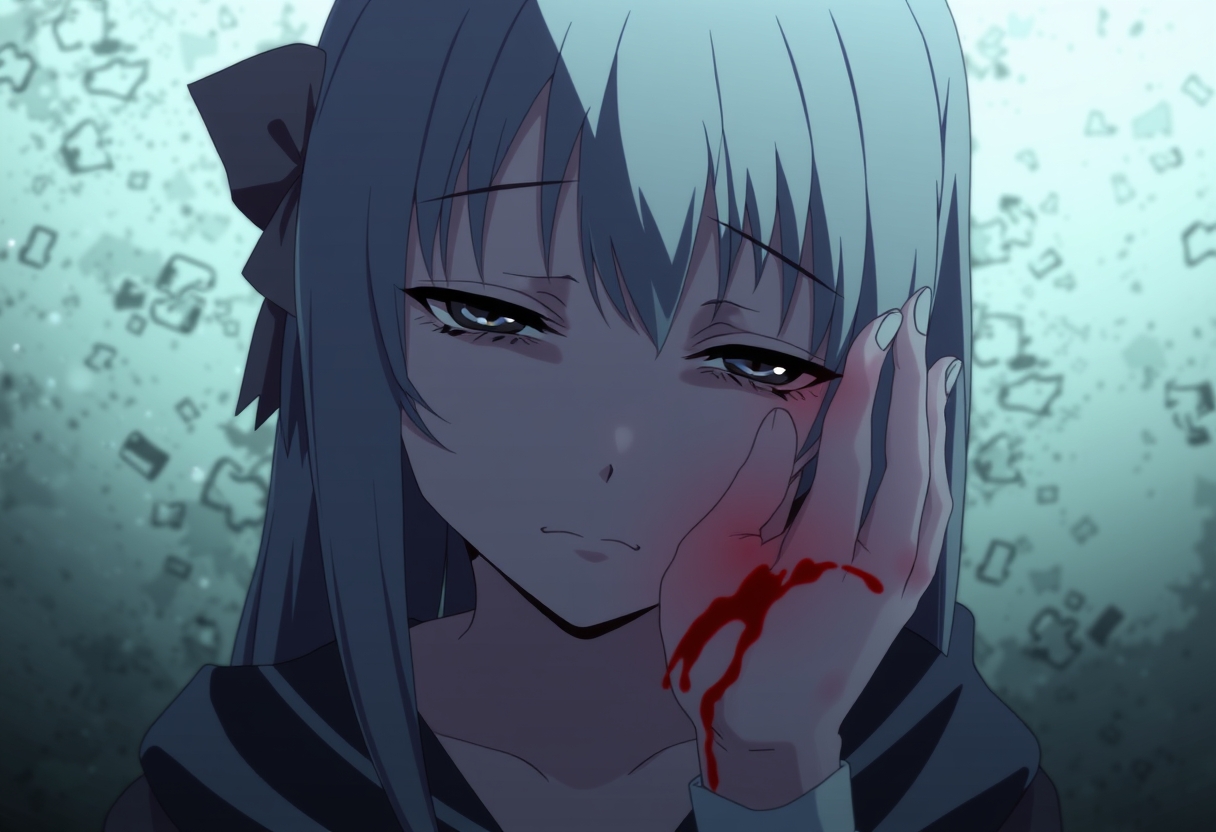 Crying anime girl with deep wound on the hand - Image