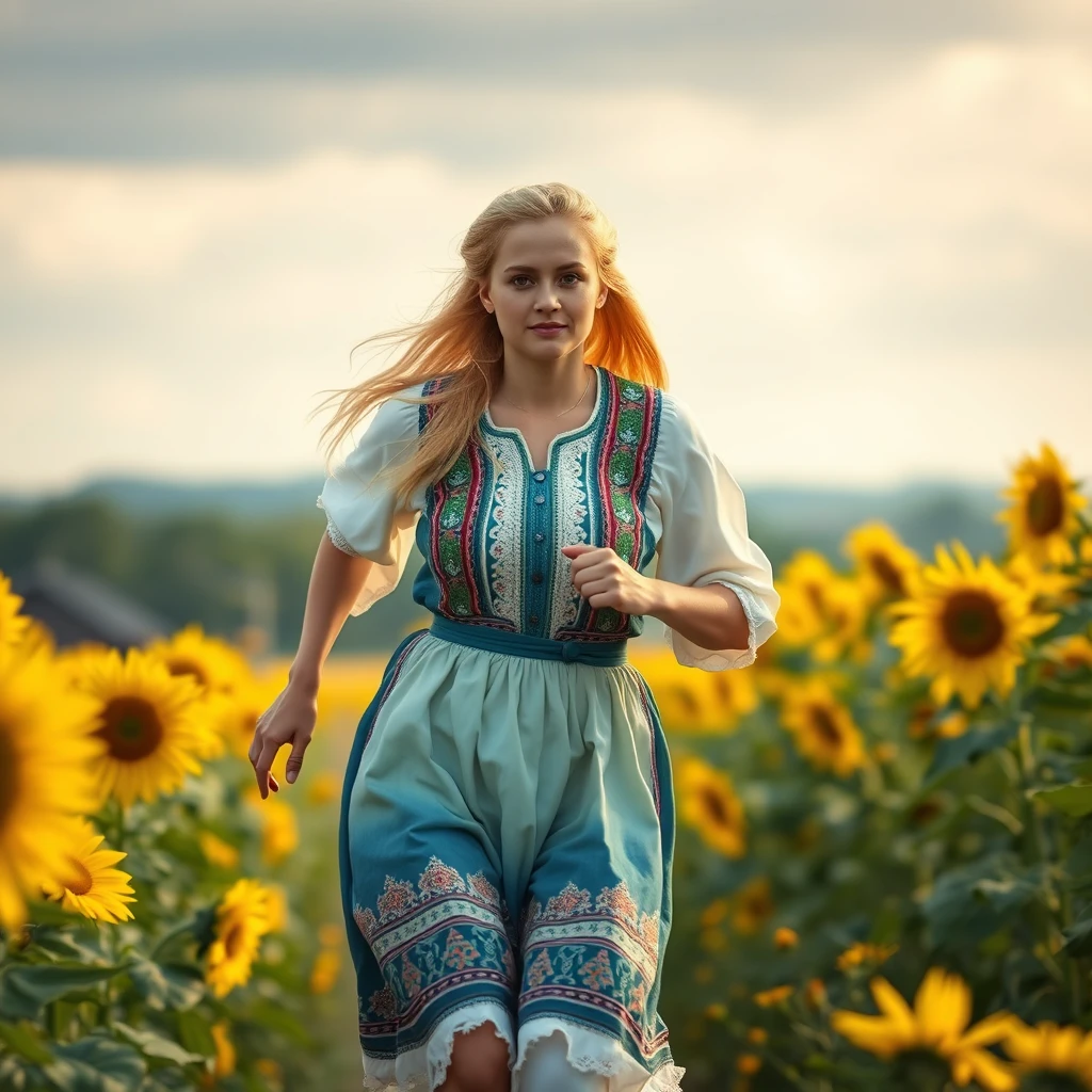 A running Ukrainian woman in a sunflower field, 20 years old, blonde, with light in her eyes, (Ukrainian traditional clothing: 1.4), style by Rick Remender, motion blur, action, full body, award-winning work.