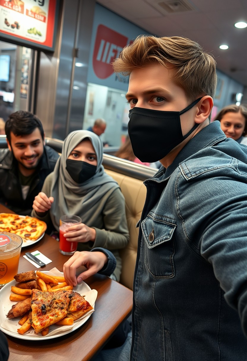 Jamie Dornan's head and body shot, handsome, young, black face mask, blue jeans jacket, jeans, dating a Muslim girl in a grey hijab, beautiful eyes, black face mask, black leather jacket, the biggest floral skirt, at a fast food restaurant, a plate of cheese pizza slices, a plate of Korean fried chicken and fries, a glass of soft drink, eating with three other random smiling friends, photorealistic, hyper-realistic, street photography, selfie. - Image