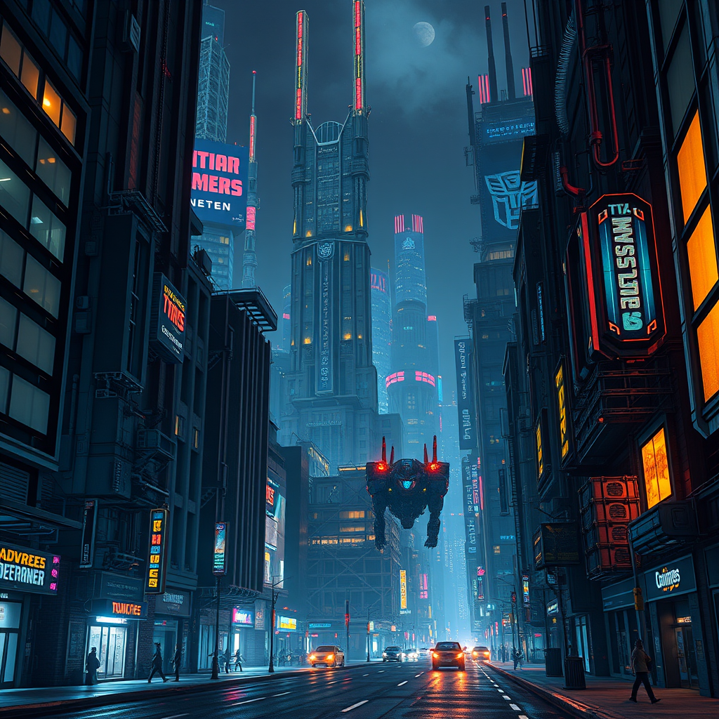 futuristic mechanical city, Cybertron, street view, night, tall mechanical buildings and structures, realistic