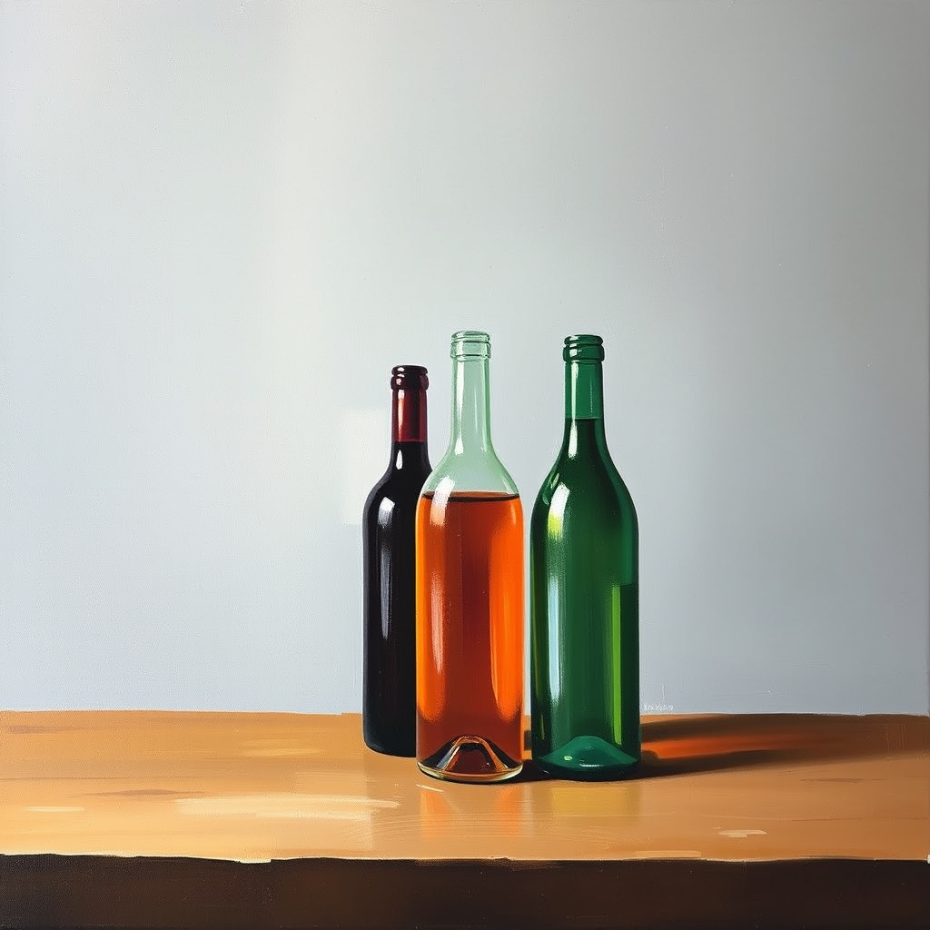 Oil painting in a minimalist style depicts three multi-colored bottles standing on a wooden table. Gray gradient background. - Image