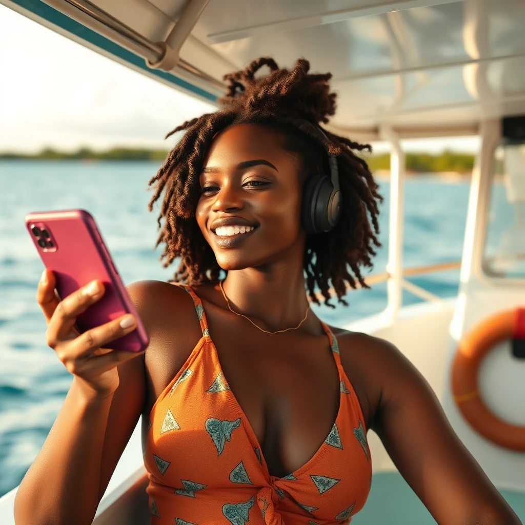 A young black woman is on a boat in the Bahamas listening to a podcast on her phone.