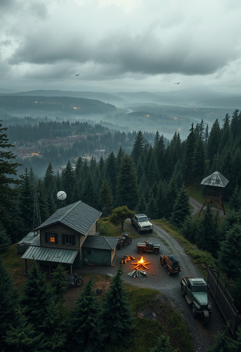 Photo realistic drone shot in a thick evergreen forest of a wooden outpost next to a cabin, a small campfire, a pile of rusty parts, some old motorbikes, an old armored vehicle, a wooden watchtower all on a large hill with satellite dishes next to a radio tower, all in a hilly landscape. There are yellow, orange, red and faint green glows emitting from the cabin and the outpost. In the distance there's an old overgrown town with brick buildings that's barely visible, with only faint glows emitting from a few of the windows and a small campfire barely visible. Sprinkled in the distance are small and slightly hidden outposts, old structures, radio towers, shacks, and watchtowers. Faint explosions and gunshots in the far distance accompanied by dogfighting warplanes. The entire landscape is covered in a jungle of tall evergreen trees, with occasional wet gravel and rich dirt roads winding through. The weather is warm, rainy, and cozy under a cloudy sky with a post-apocalyptic atmosphere and retro liminal feeling to it. - Image