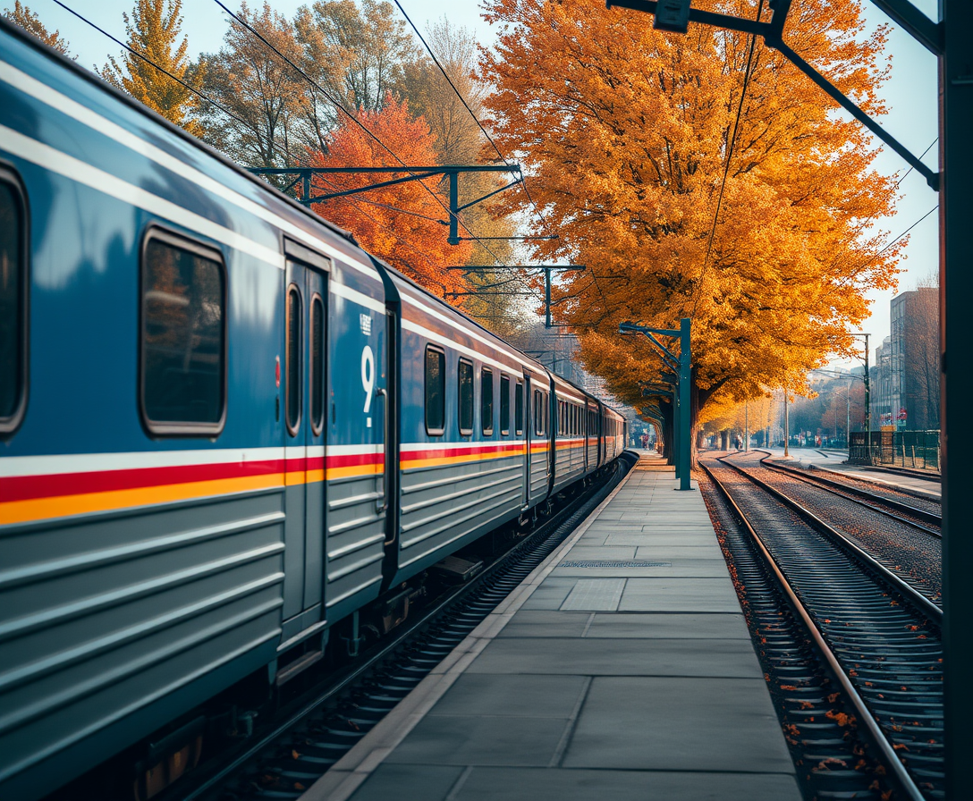 Train standing on the platform, autumn, nostalgia. - Image