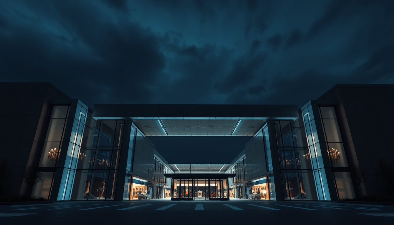 Late night, dark sky, close-up of modern luxury shopping mall gate, (Minimalism: 1.4) design, cold colours, masterpiece, best quality, realistic style, 3D rendering, architectural photography, masterpiece, high quality, ultra high detail, 8K, HD.