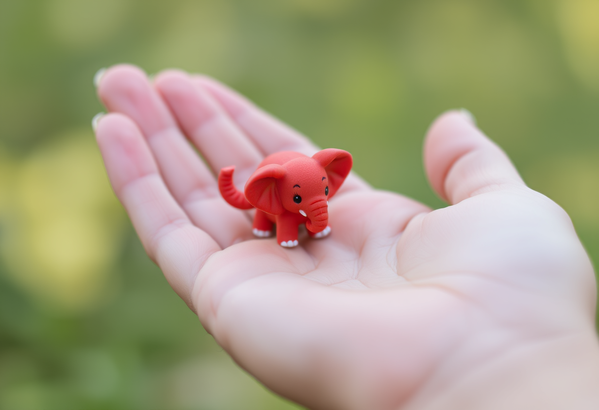 "There is a cute mini red elephant in the palm of the hand."