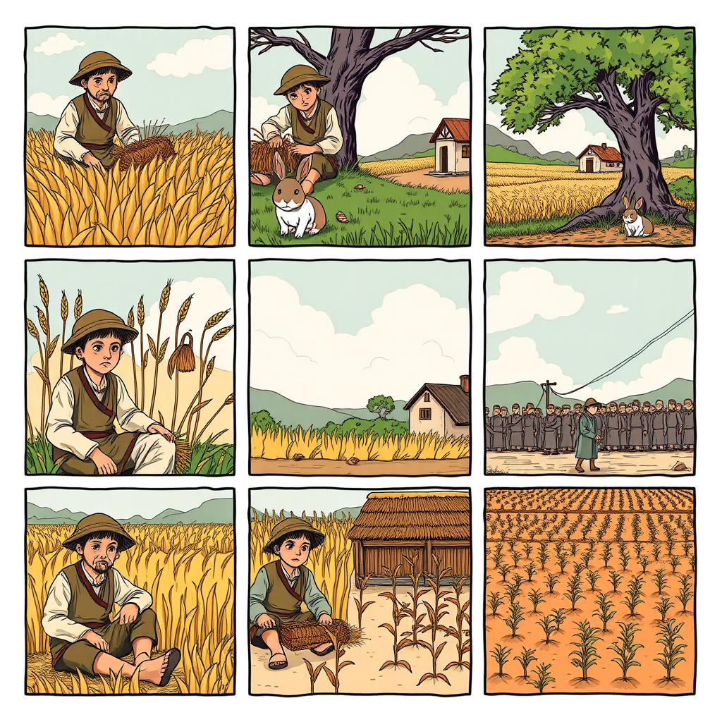 The image style is "cyberpunk," featuring an ancient farmer in a nine grid. Each grid's size is 9:16. The characters in each scene will all use the same farmer, ensuring that the face shape and clothing remain consistent throughout. In the first panel, the farmer is harvesting wheat. In the second panel, the farmer is sitting under a tree, a rabbit rushing to the tree. In the third panel, the rabbit is lying on the ground. In the fourth panel, the farmer is walking toward a house. In the fifth panel, the farmer sits under the tree. In the sixth panel, the farmer sighs while sitting under the tree. In the seventh panel, the farmer stares blankly at the sky. In the eighth panel, the crops have withered. In the ninth panel, the farmer is planting seeds in the field.