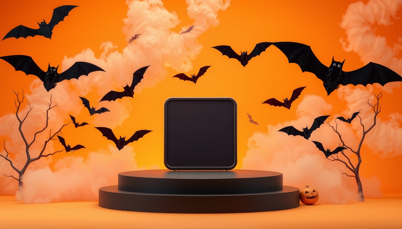 Creative Halloween composition with bats, podium and orange background. Suitable for Product Display and Business Concept.