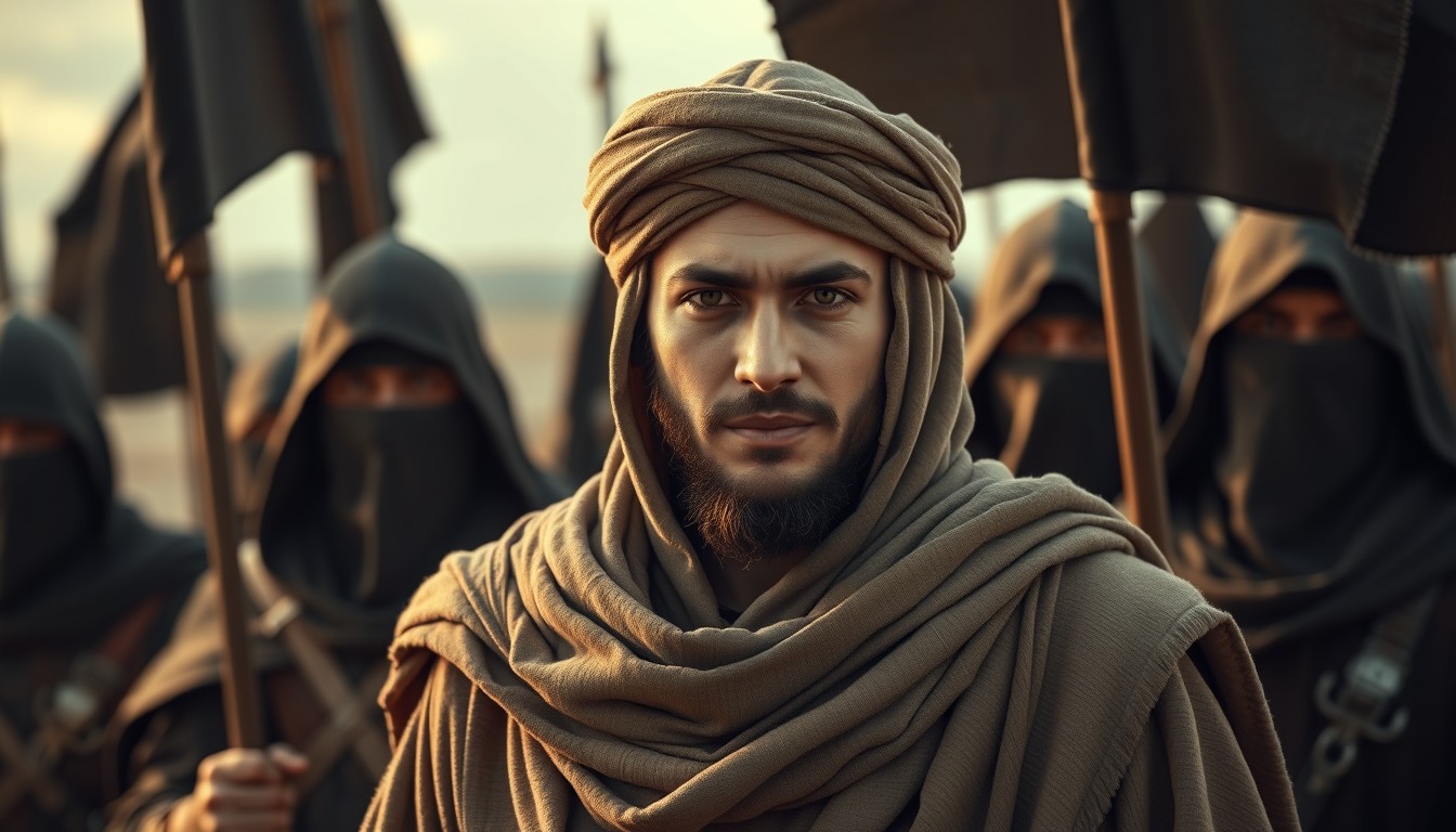 Full-view photoreal portrait of a young Muslim commander wearing modest biblical cloak-turban clothes standing behind the great Muslim warriors with a leader expression. The medieval Muslim warriors are covering their faces with veils and holding black banners, guarding him in open land. The theme is "the conquest of Jerusalem has come," powerful, movie graphics, ambient lighting, dreamy glow, form lighting, photography, photorealistic, cinematic, alpha.