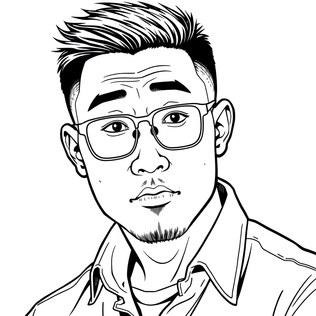 "Create a cool line drawing of a man around 35 years old, with short crew-cut hair and a sturdy build. He is Asian and wearing framed glasses, has a slightly short beard on his chin, and is wearing a shirt. He has a bit of a rebellious demeanor and is in a thoughtful pose, with a face that is not too thin."