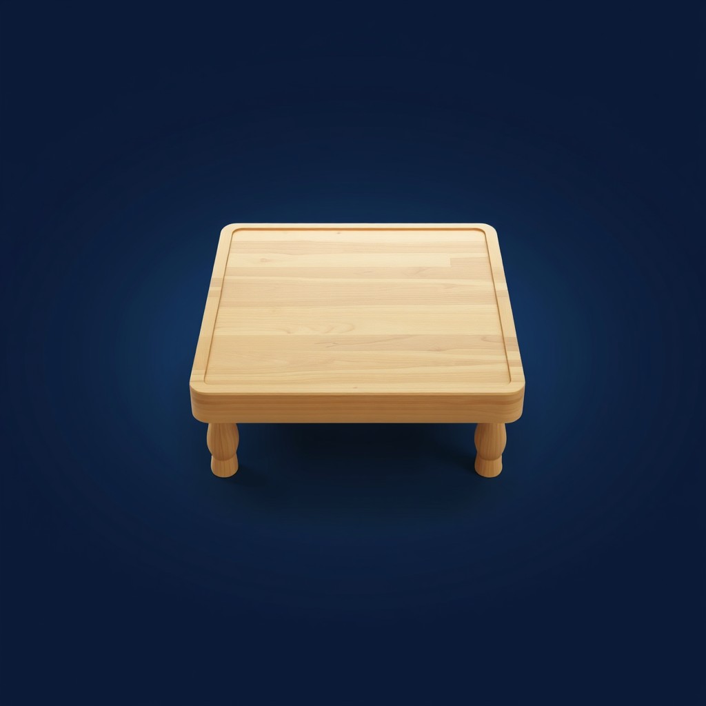 The image presents a 3D rendering of a board. The game board, made of wood, is the central focus of the image. It is a square board with a wooden top and a wooden bottom. The board has 4 legs. The board is set against a dark blue radial gradient background. - Image