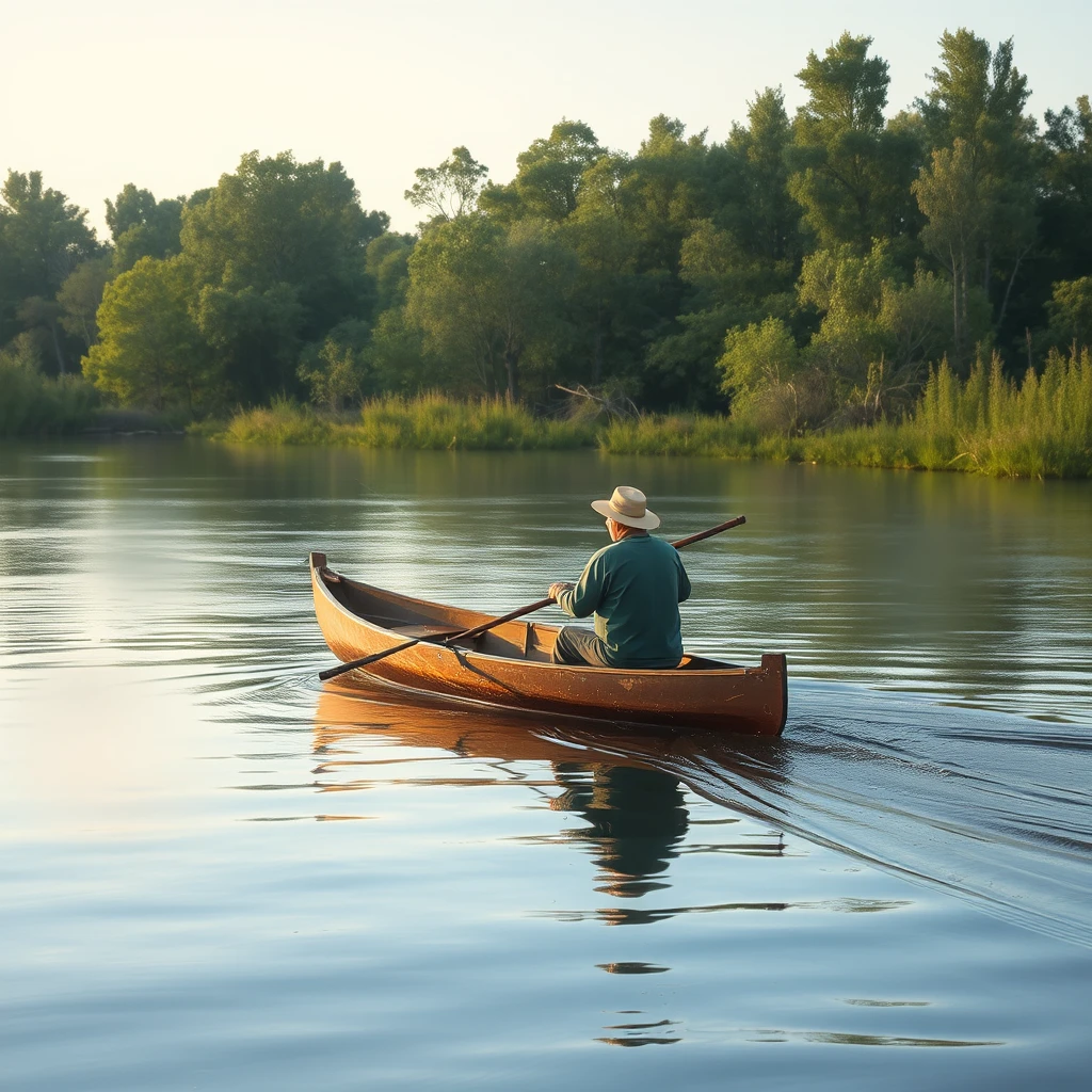 'A fisherman in his canoe on the river'