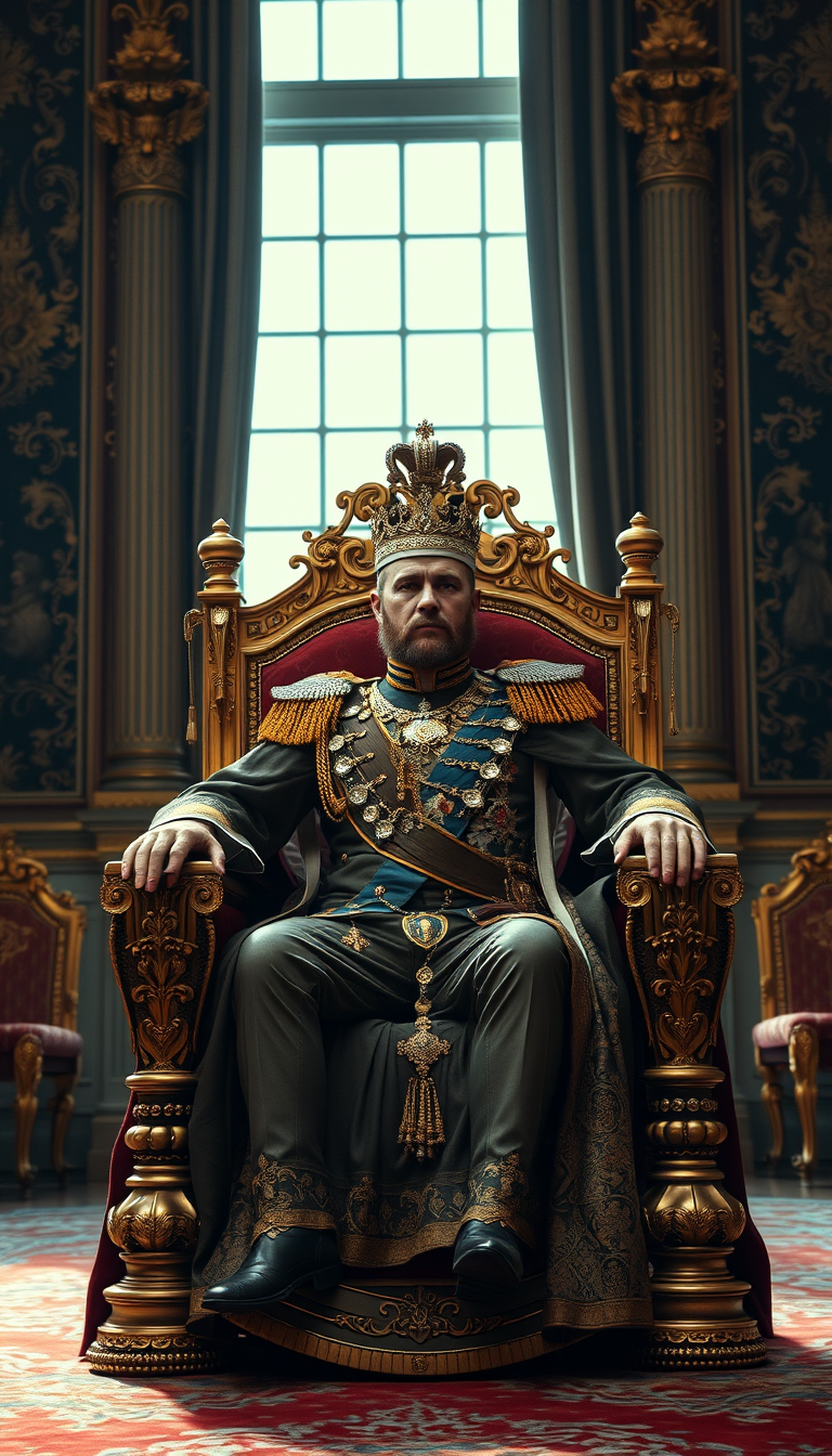 Main Character: Tsar Nicholas II of Russia, seated upon his opulent throne. He is dressed in full royal regalia, including elaborate robes adorned with jewels and embroidery, and a crown rests upon his head. His expression is stoic and regal, his posture upright and commanding, reflecting his authority and power. Background: The grand throne room of a Russian palace, richly decorated with ornate furnishings, tapestries, and gilded details. The throne itself is a masterpiece of craftsmanship, intricately carved and adorned with precious gems. Large windows allow natural light to flood the room, illuminating the scene and highlighting the richness of the surroundings. Visual Style: The visual style should mimic professional, cinematic photography, with a focus on sharp detail, realistic textures, and a deep, rich color palette. The image should evoke a sense of historical grandeur and convey the immense power and opulence of the Russian monarchy. Think of the rich, detailed style of classical paintings. The overall tone should be regal and imposing, with a focus on the Tsar as the central figure of power and authority.