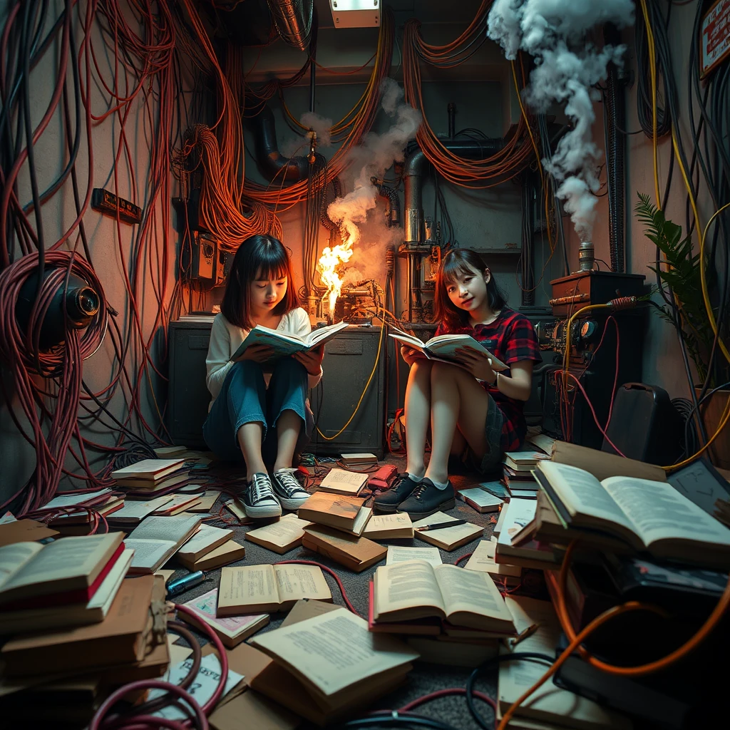 A real-life photograph, wide shot, of two Japanese teen girls reading books in the corner of a room. The room has some books scattered messily, and many wires of varying thicknesses are on the floor and in the air, including red, blue, yellow, and other colors. Additionally, there are some machines emitting steam and fire. The lighting is dim, and there are some plants.