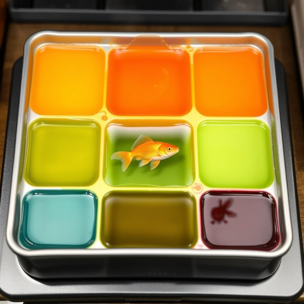 "The nine-grid hotpot, each grid is a different color, and in the middle grid, there is a goldfish swimming in clear water." - Image