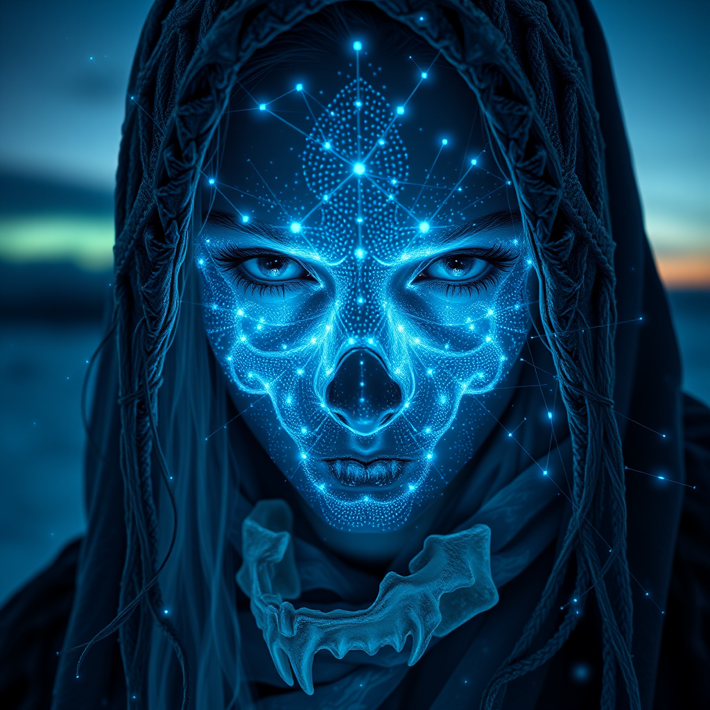 A symmetric portrait of a female, evil frozen necromancer, features dissolving into frozen magic thin, luminescent blue lines. Weighted Voronoi stippling and laser caustics create a network, transitioning from hyperrealistic detail to abstract, quantum-inspired forms. Ethereal hues blend, evoking existential transition and mystery. Close-up on face, evil skull partially visible. Set against a twilight arctic backdrop, icy winds ripple through his tattered robes. Rendered in a fusion of photorealism and digital surrealism, the scene is illuminated by ghostly Northern Lights. Emphasis on cold, menacing atmosphere, invoking Nordic myths. - Image