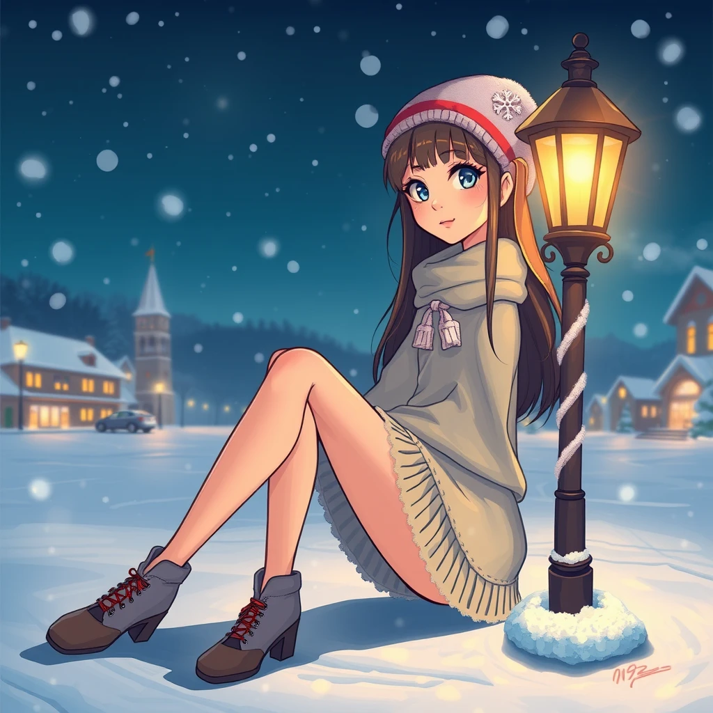 a cool cartoon girl with long legs and a beautiful face on a cold winter night - Image