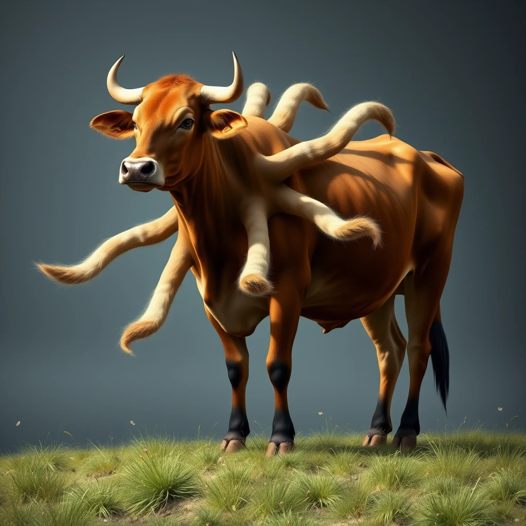 A cow with eight tails on its body. - Image