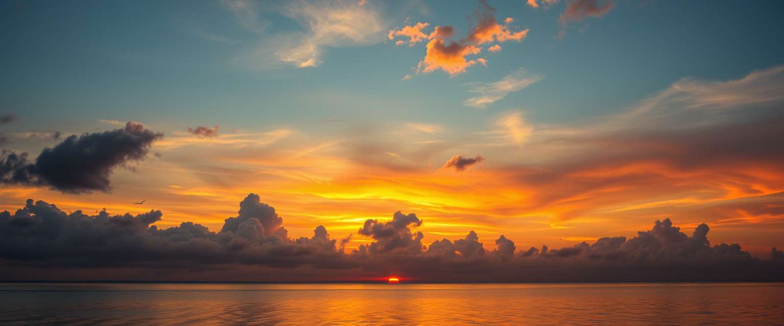 fiery sunset, clouds, high quality, photorealistic, evening sky, reflection, serene, seashells