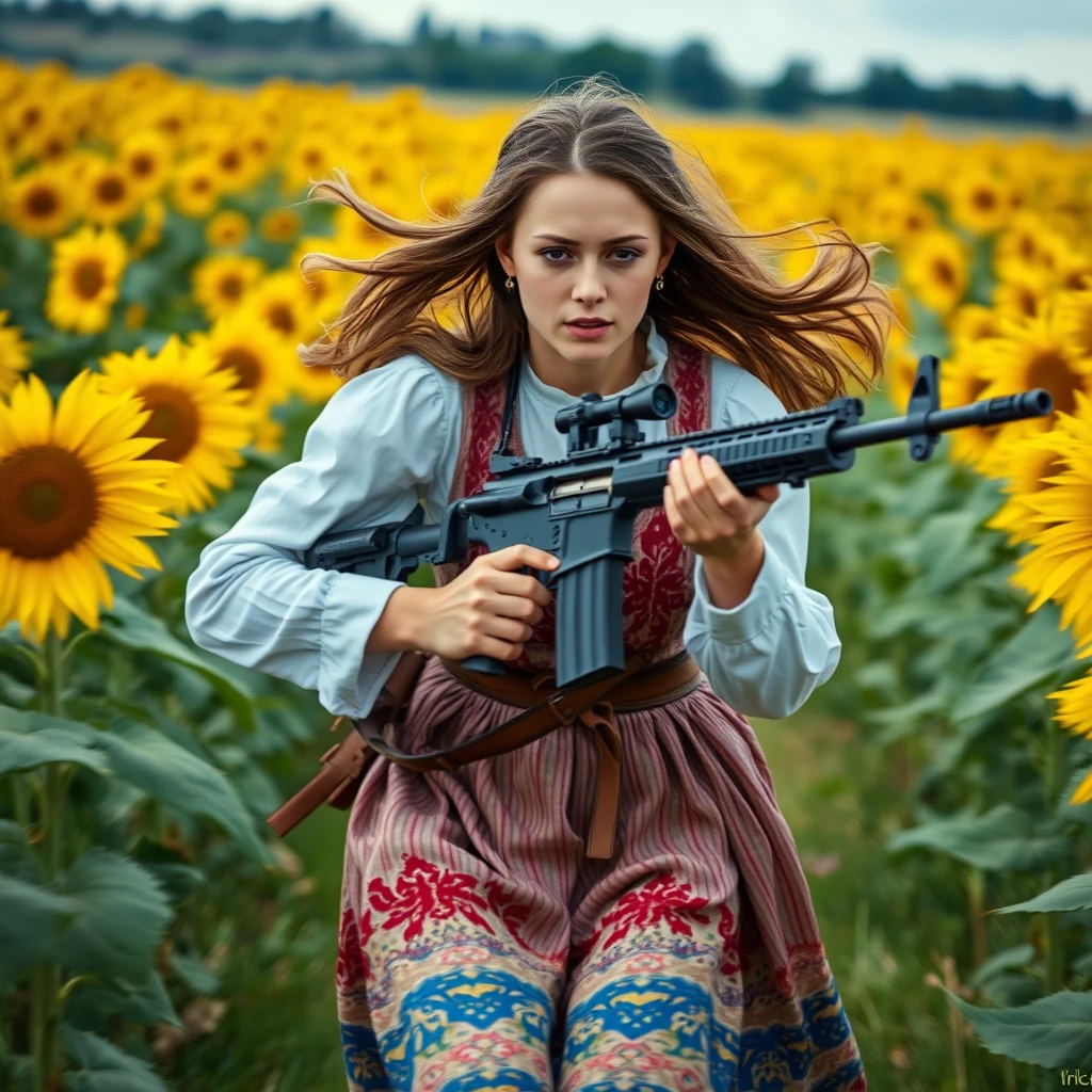 A 20-year-old Ukrainian woman running toward the camera in a sunflower field, holding a sniper rifle, (Ukrainian costume: 1.4), Style by Rick Remender, motion blur, action, full body, award-winning work. - Image