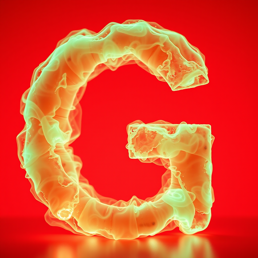 A letter "G" made of toxic gas, light red background, realistic photograph.