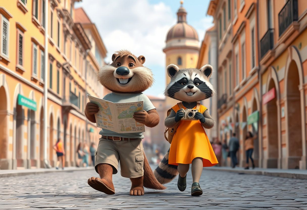 Create a charming scene where a beaver guy dressed in shorts and a t-shirt and a raccoon girl dressed in a bright dress, both smiling, casually strolling through the picturesque streets of Rome. The beaver should hold a map, eagerly pointing out landmarks, and the raccoon should carry a small camera, filming their adventures. The duo should look cheerful and curious, enjoying their whimsical journey together. Surround them with iconic Roman elements. The vibrant colors of the historic buildings should complement the lively atmosphere. This photo should evoke a sense of wonder, camaraderie, and playful exploration in one of the most beautiful cities in the world. 3d cartoon Pixar Style, Photorealism.