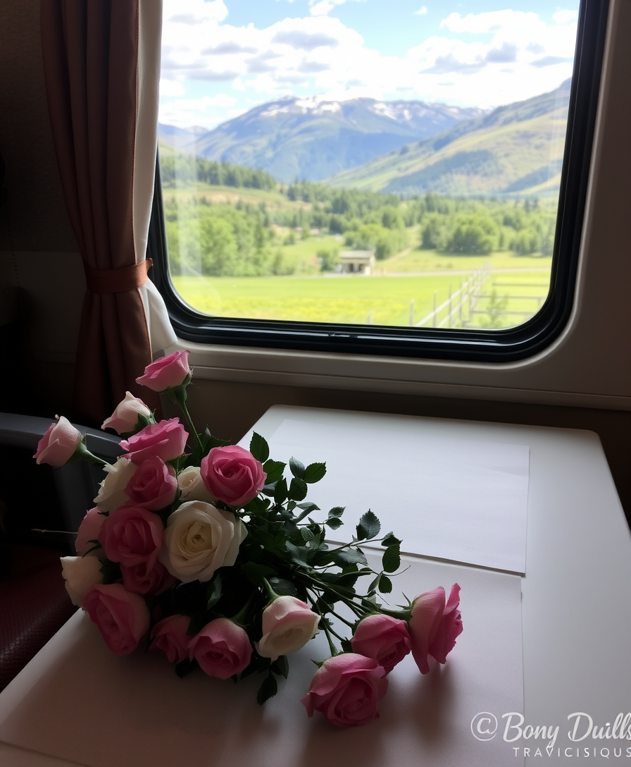 A bouquet of wild roses lies on a table in a cozy compartment, a stunning view opens outside the train window.