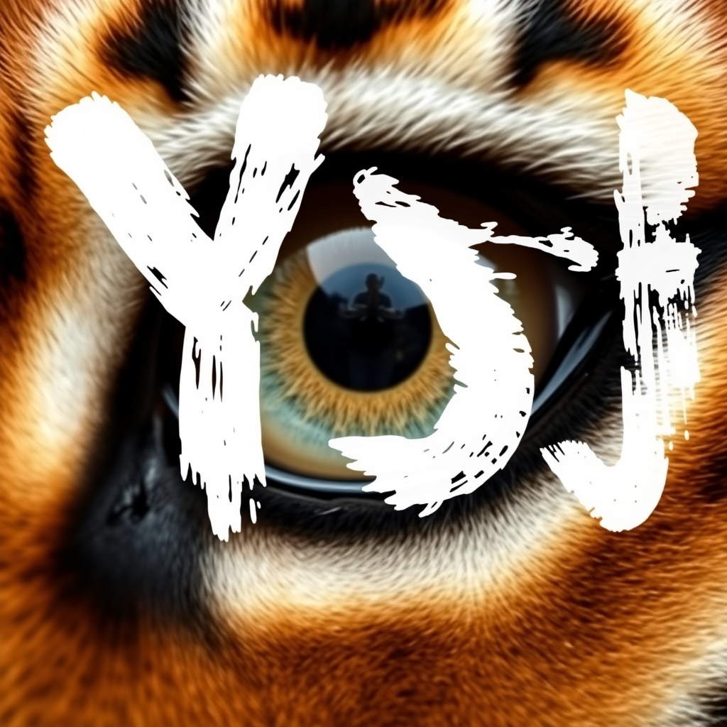 Extreme close-up of a single tiger eye, direct frontal view. Detailed iris and pupil. Sharp focus on eye texture and color. Natural lighting to capture authentic eye shine and depth. The word "YSJ" is painted over it in big, white brush strokes with visible texture. - Image