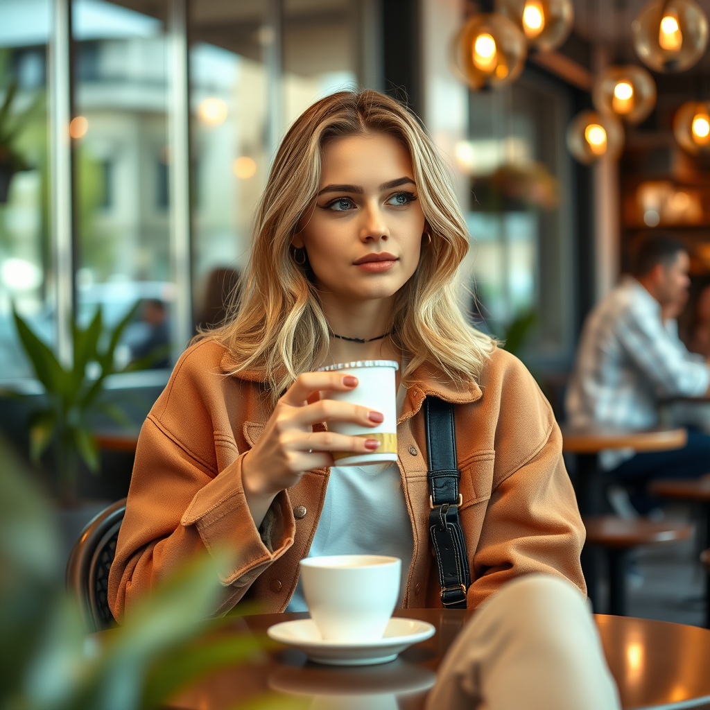 In summer, a 20-year-old fashion influencer sitting at a chic cafe, wearing stylish clothes, enjoying a coffee, depth of field with a blurry background of the cafe interior, soft ambient light, candid shot.