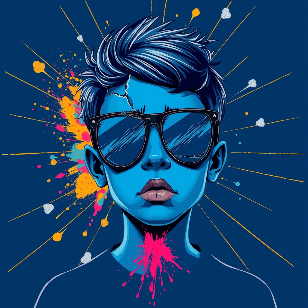 A boy with blue skin and an abstract broken face, wearing sunglasses, surrounded by glass breakage and gold lines on a dark blue background, with a colorful explosion from the spillage of powder. Illustration style, Andy Warhol style, Picasso style. - Image