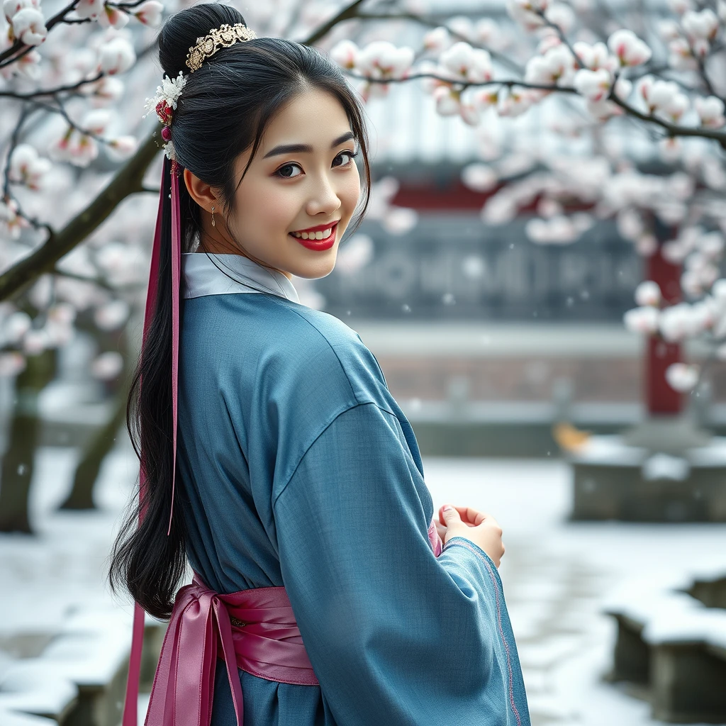 An 18-year-old beautiful Asian girl, wearing an ancient blue Hanfu, elegantly glances back with a smile, ribbons floating down, in an outdoor plum blossom garden, with snow on the ground and snowflakes falling, 4K, ultra-high definition, lifelike, masterpiece, best, cinematic, size 16:9. - Image