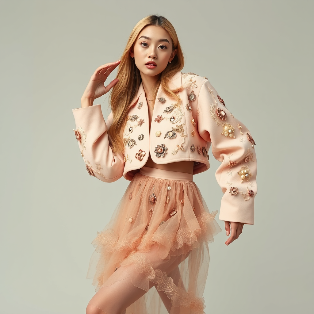 Full body look: an Asian model with big almond-shaped eyes and long blond hair posing for a fashion magazine commercial. She is wearing a richly decorated pastel-colored boxy oversized cropped jacket with a multitude of tiny different embellishments, a richly decorated organza-draped midi skirt, and socks styled for a Rococo aesthetics photoshoot. The model is posing playfully, moving emotionally, and looking surprised for a collaboration between Jil Sander, JW Anderson, and Loewe. Aspect ratio 2:3. Style: raw. - Image