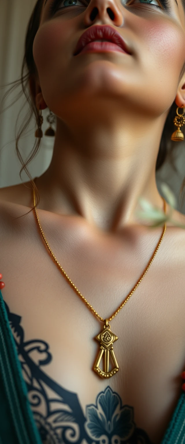 Close-up view of the chest and tattooed neck of a Caucasian Korean Indian woman with beautiful facial features, blue eyes, wearing gold ornaments, looking upwards.