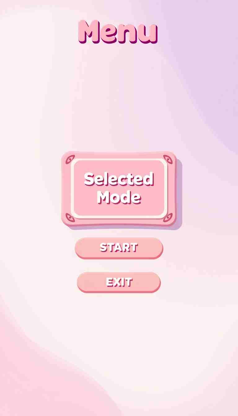 A menu screen of a 2D game, a card in the middle that indicates the selected mode, a soft background, a pink and white color palette, start and exit buttons, coin count.