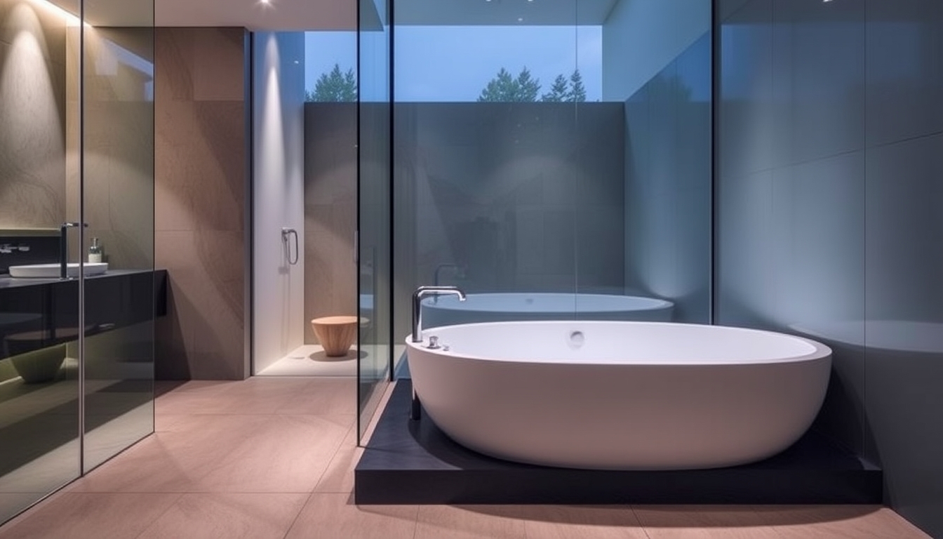 A sleek modern bathroom with glass walls and a luxurious soaking tub. - Image