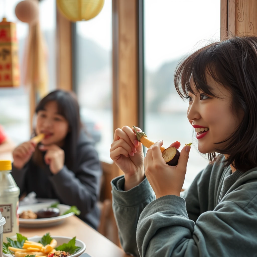 "Korean young woman eating eggplant, recording journey moments, good mood, soul relaxation, Cheung Chau Island adventure, photorealistic style." - Image