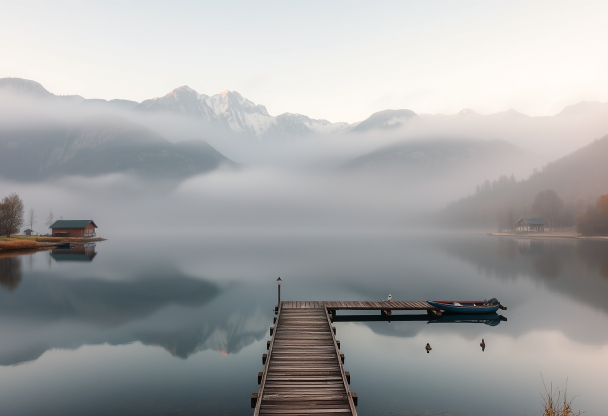 Tranquil, misty lake, surrounded by mountains, serene, high quality, photorealistic, reflection, peaceful, morning fog, autumn colors, breathtaking, idyllic::0.8 wooden pier, fishing boats, ducks, lakeside cabins, hiking trails, sunrise, sunset, misty mountains.