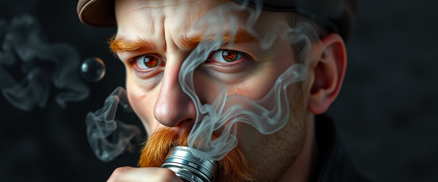 Hyper-realistic three-quarter portrait of a demonized white male, bald with meticulously detailed ginger stubble, donning a worn leather flatcap. Piercing red eyes gleam as he exhales dense, swirling vapor clouds from an intricately designed chrome vapemod. Iridescent e-liquid droplets suspended mid-air.