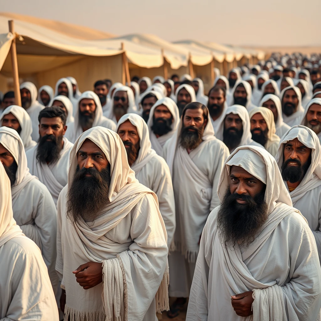 Photo-realistic image of multitudes of bearded black people. They are all dressed in white robes with fringes on the hems. They live in temporary tent shelters in the desert at the Exodus. - Image