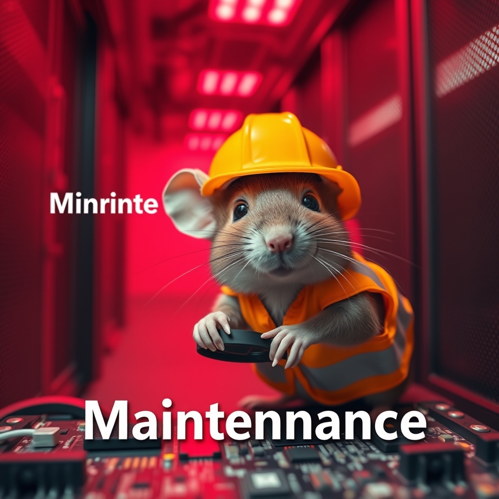 A small mouse with a hard hat and high visibility vest is repairing a circuit board; the mouse has a serious look in his eyes. The background shows a server room with only red emergency lighting, creating red ambient lighting. The text in the background says "Maintenance." - Image