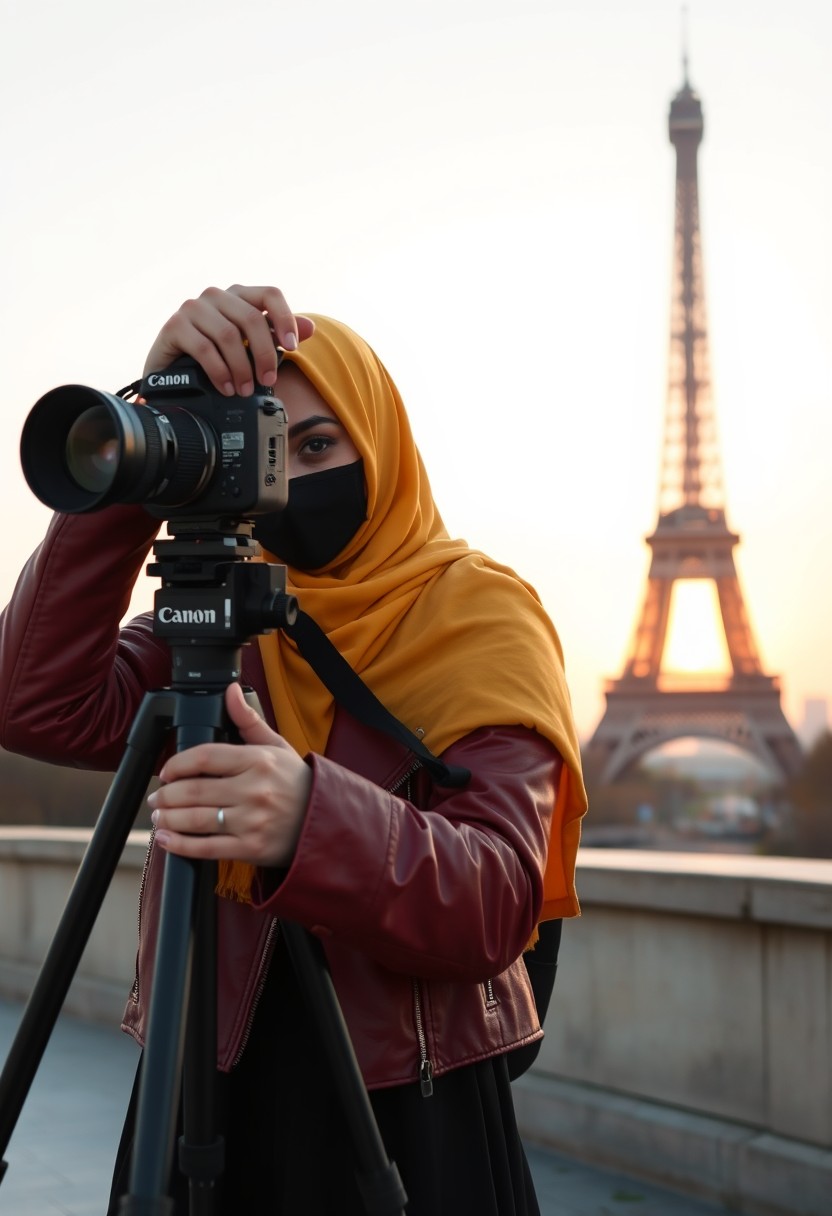 Biggest hijab yellow Muslim girl, beautiful eyes, face mask black, red leather jacket, Black biggest skirt, camera dslr CANON, tripod, taking photo Eiffel Tower, sunrise, morning scenery, Eiffel Tower, hyper realistic, street photography.