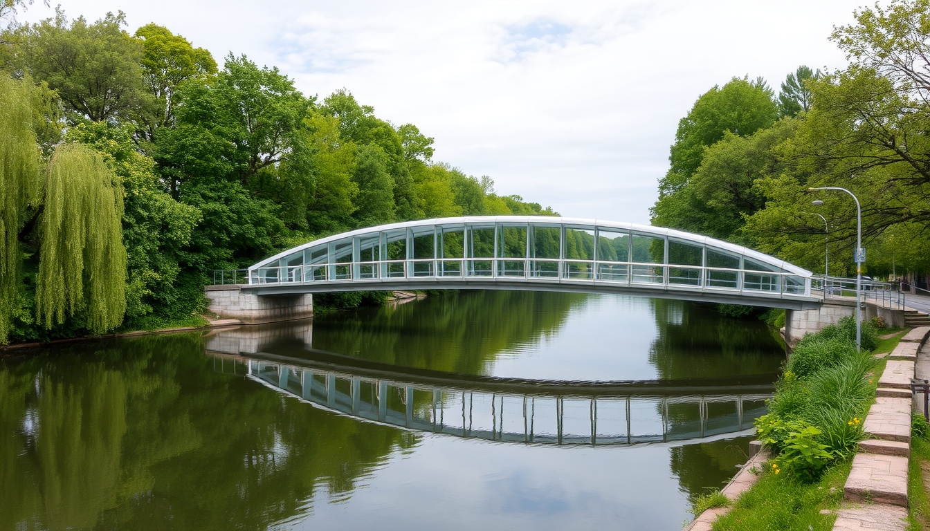 A serene river scene with a glass-bottomed bridge crossing over it.