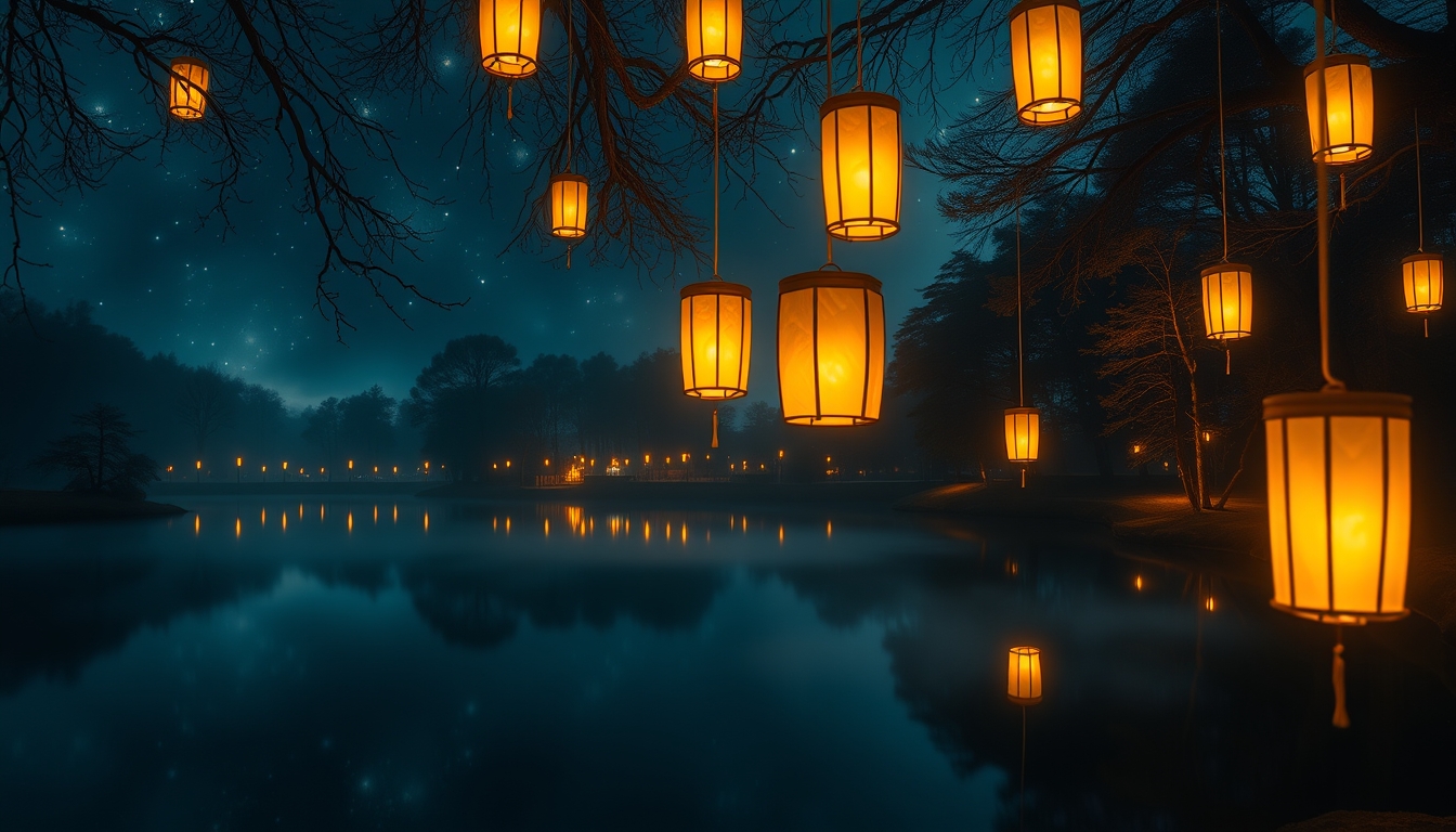 A magical night scene with glowing lanterns hanging over a still lake surrounded by trees.