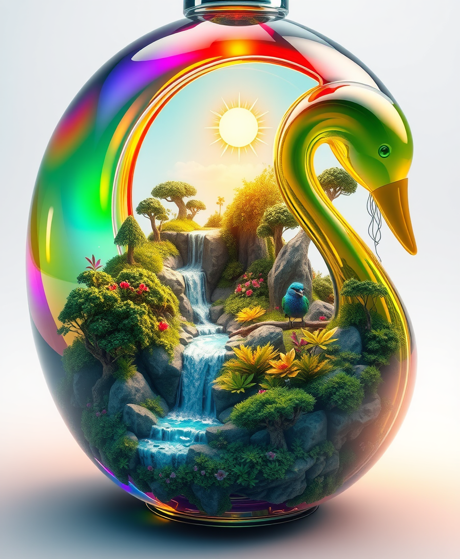 A captivating 3D render illustration of a fantastical ecosystem encapsulated within a magnificent, swan-shaped bottle. The colorful, transparent glass reveals a miniature world teeming with life, featuring a lush forest, cascading waterfall, and a miniature sun casting warm, golden rays across the scene. The vegetation is a harmonious blend of vivid greens, while a small, vibrant bird finds refuge on a branch. The overall atmosphere is enchanting and surreal, masterfully showcasing the beauty and wonder of nature in a whimsical and imaginative manner., illustration, 3d render.