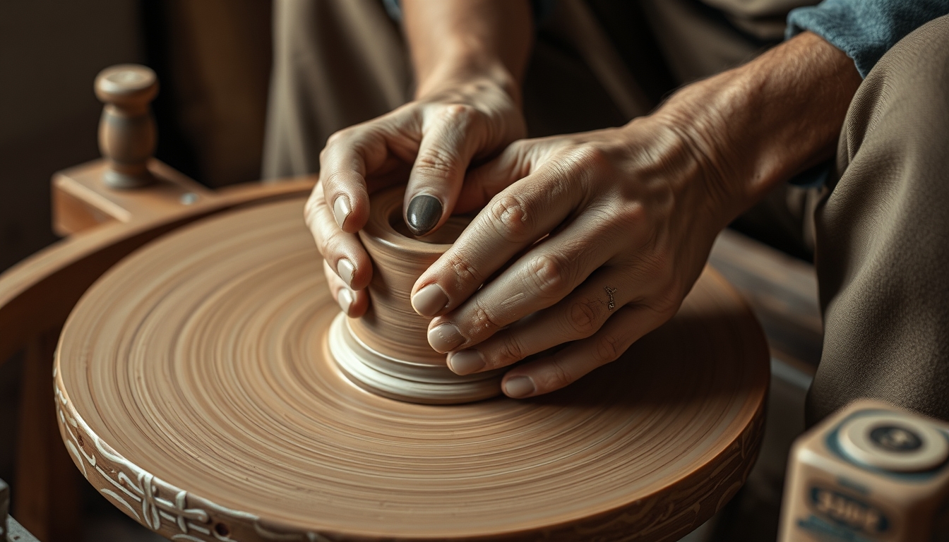 A close-up of a craftsman's hands meticulously shaping a piece of pottery on a spinning wheel, with earthy tones and rich textures. - Image