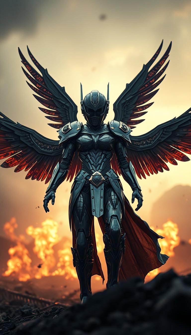 Cinematic shot of a female cyborg Valkyrie rising from ashes, armor, full helmet, wings, sci-fi, standing on a battlefield, movie scene, film grain, realistic, shot from below, image for a flyer. - Image