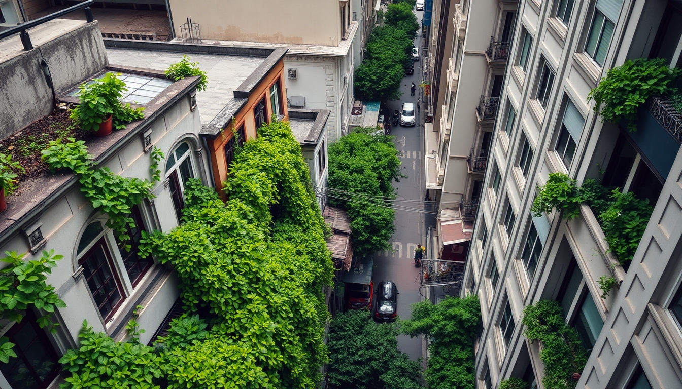 A high-angle shot of a bustling city street, lush green plants spilling from windows and rooftops, creating a vibrant contrast against concrete structures.