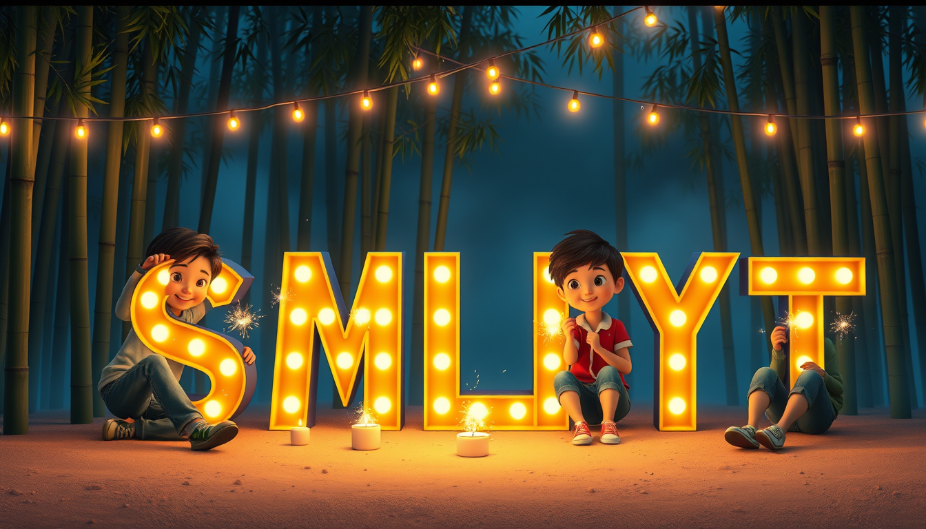 Create a digital illustration in the style of a 3D animated movie scene. Show six Asian children sitting around large, illuminated letters spelling 'SMLYT'. The letters should be made of warm yellow lights, resembling carnival-style lighting. Set the scene in a nighttime bamboo forest with a misty blue background. Include string lights hanging overhead and small candles or lights placed in front of the letters. The children should be holding sparklers and wearing casual clothing in various colors. The ground should appear sandy or dusty with visible small pebbles. Capture a joyful and celebratory mood with warm lighting on the children's faces contrasting with the cool background. Use highly detailed 3D-style rendering with special attention to lighting effects, sparkler glows, and the interplay of light and shadow on the children and surroundings.